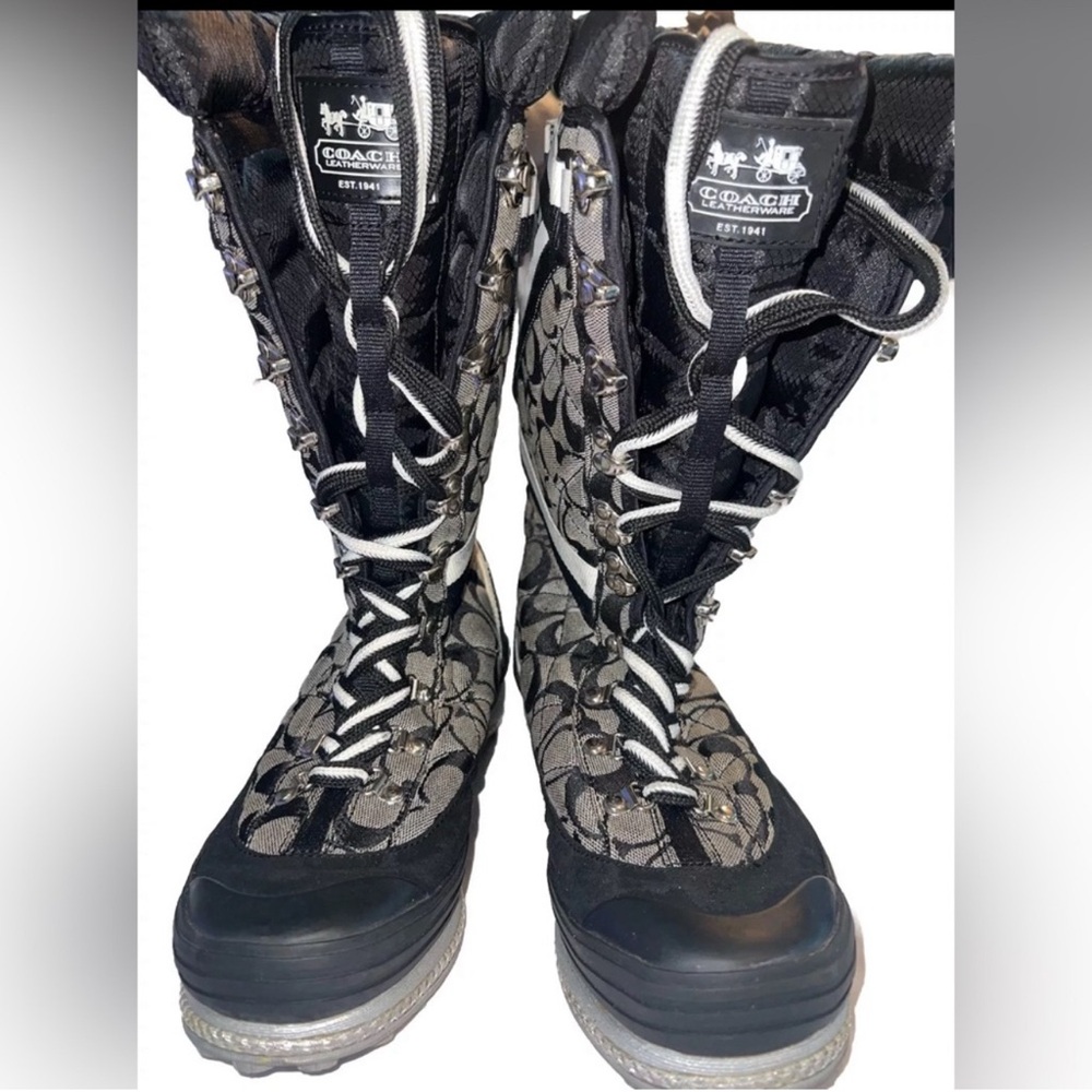 COACH Marian Lace Up Monogram Logo Insulated Mid Calf Boot Size 10 Black Cream - Picture 8 of 8
